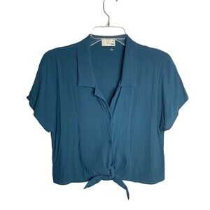 Wilfred Aritzia Free Green Blue Button Down‎ Crop Top Front Knot  size Small